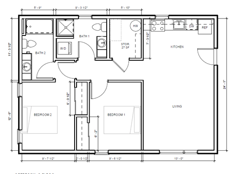 Floor plan for 2 beds, 2 baths, 900 sqft